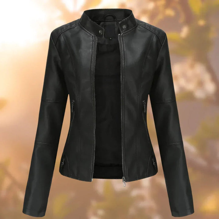 Women's Slim-Fit Stand-Collar Zip-Up Faux Leather Jacket - Black