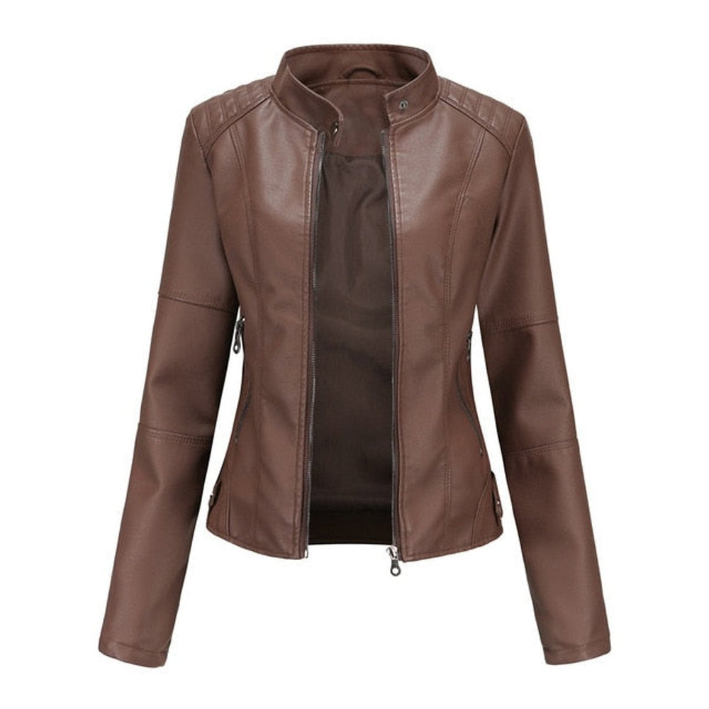 Women's Slim-Fit Stand-Collar Zip-Up Faux Leather Jacket - Brown