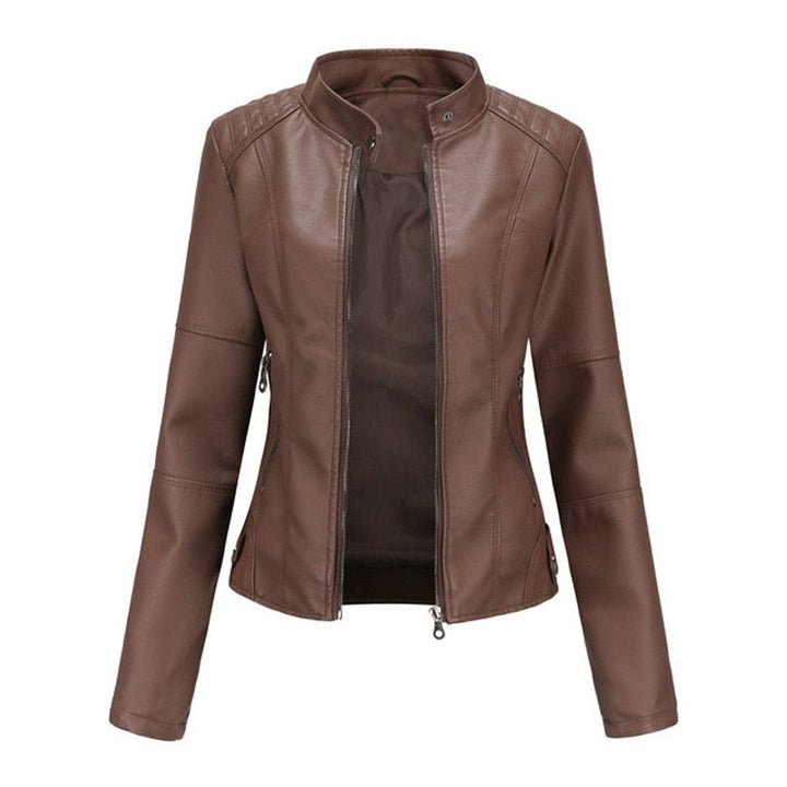 Women's Slim-Fit Stand-Collar Zip-Up Faux Leather Jacket - Brown