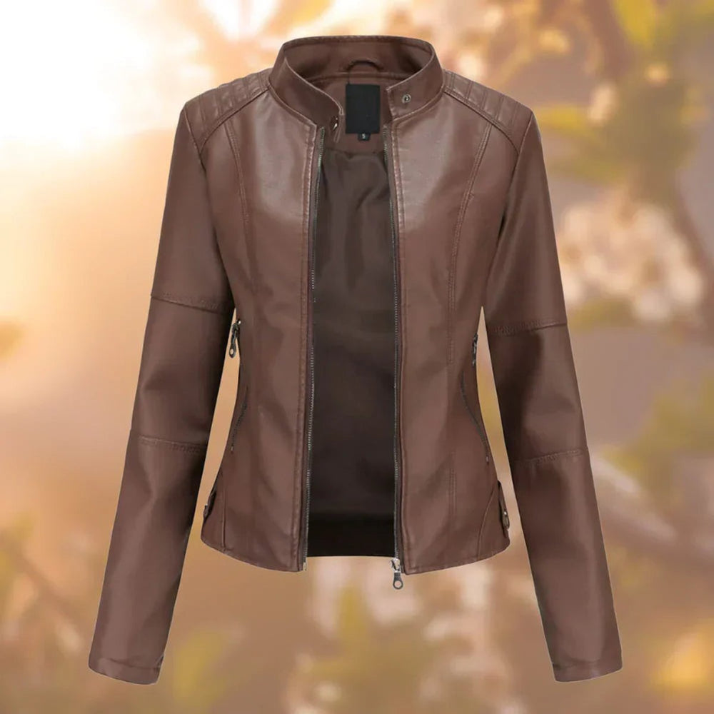 Women's Slim-Fit Stand-Collar Zip-Up Faux Leather Jacket - Dark Brown