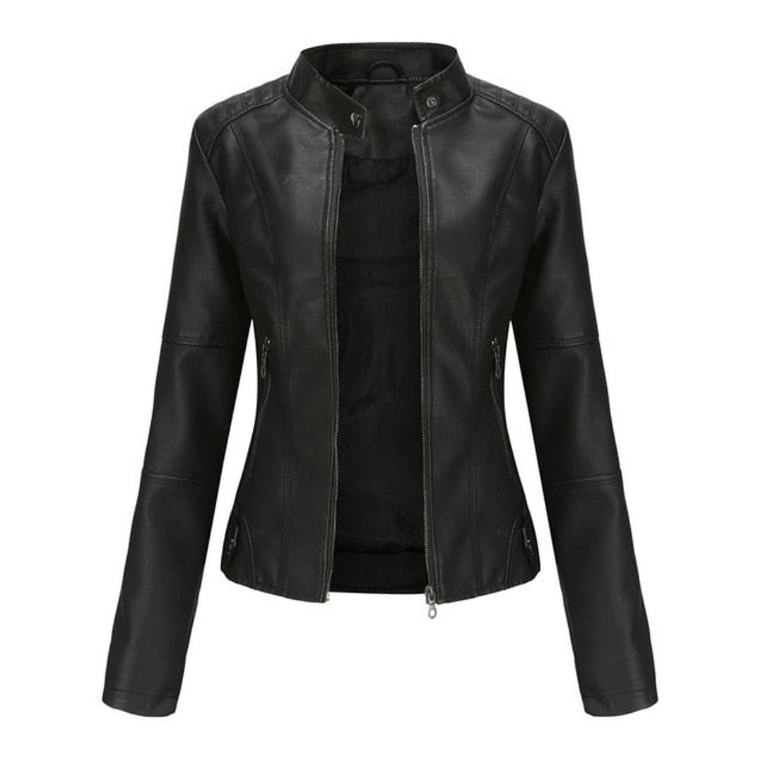 Women's Slim-Fit Stand-Collar Zip-Up Faux Leather Jacket - Black