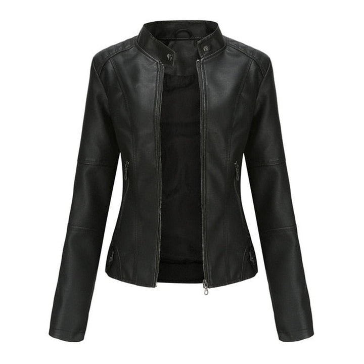 Women's Slim-Fit Stand-Collar Zip-Up Faux Leather Jacket - Black