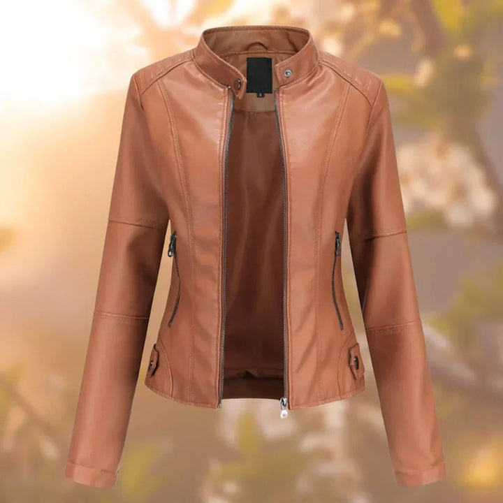 Women's Slim-Fit Stand-Collar Zip-Up Faux Leather Jacket - Brown