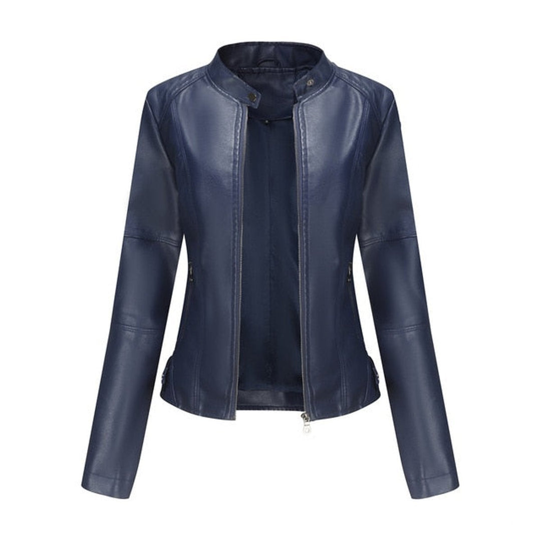 Women's Slim-Fit Stand-Collar Zip-Up Faux Leather Jacket - Blue