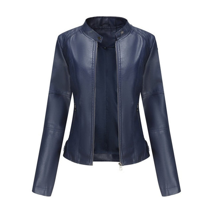 Women's Slim-Fit Stand-Collar Zip-Up Faux Leather Jacket - Blue