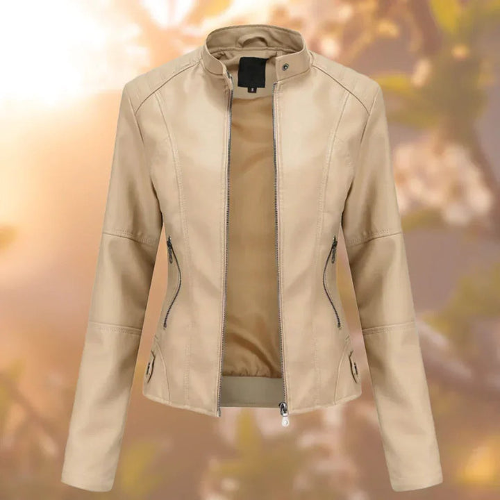 Women's Slim-Fit Stand-Collar Zip-Up Faux Leather Jacket - Beige