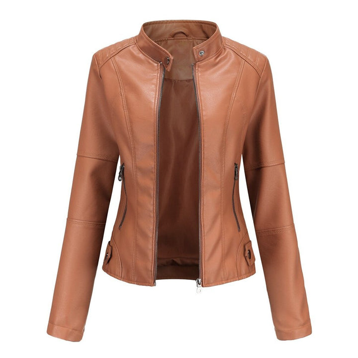 Women's Slim-Fit Stand-Collar Zip-Up Faux Leather Jacket - Red-Brown