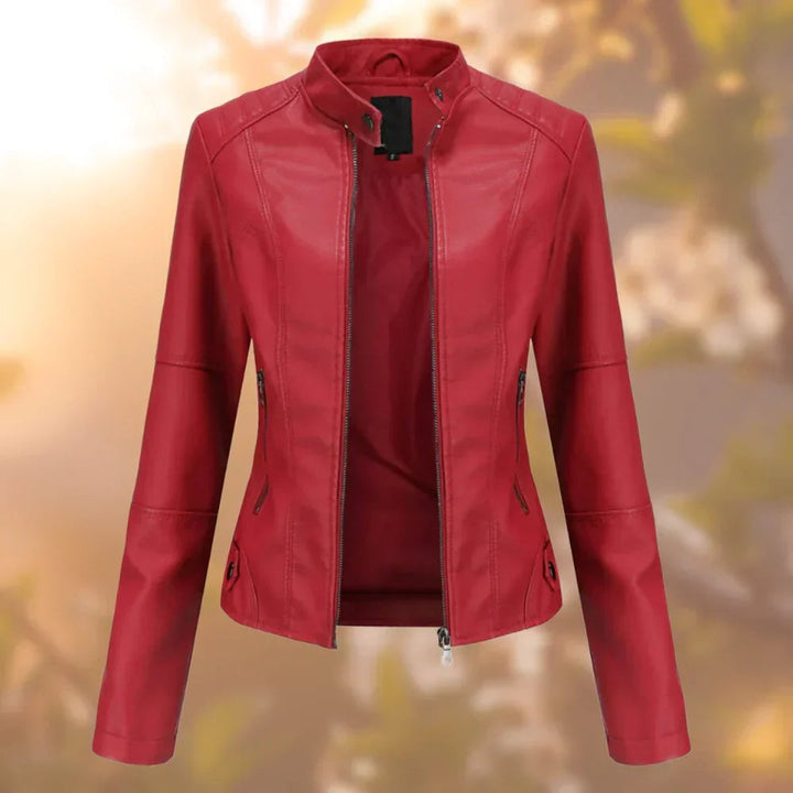 Women's Slim-Fit Stand-Collar Zip-Up Faux Leather Jacket - Red