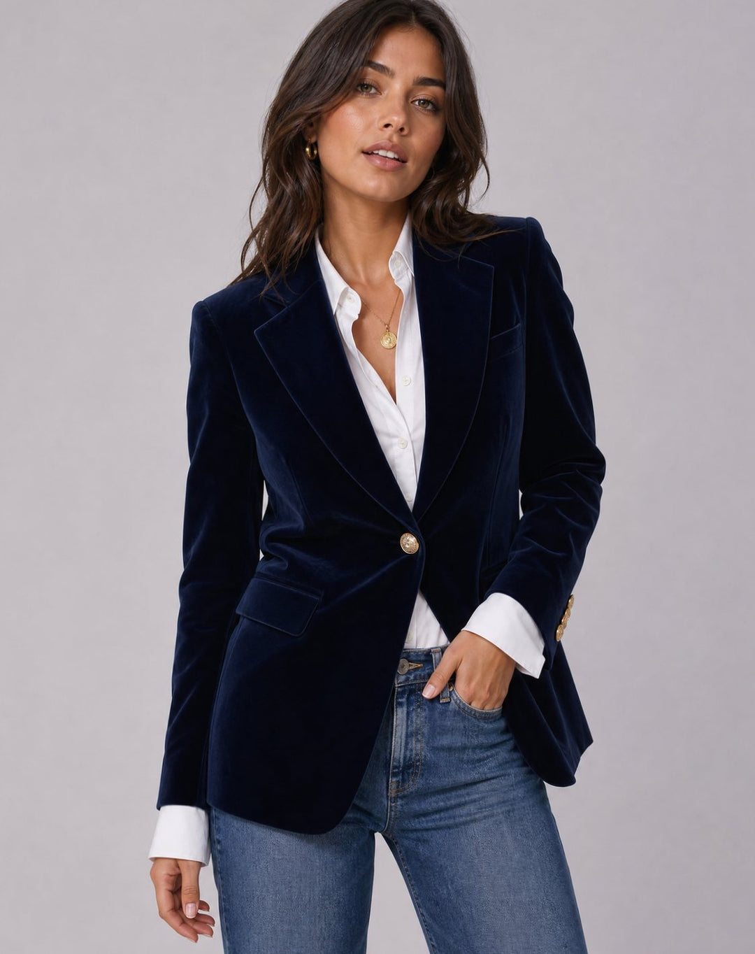 Women's Slim-Fit Velvet Gold-Button Blazer - Dark Navy