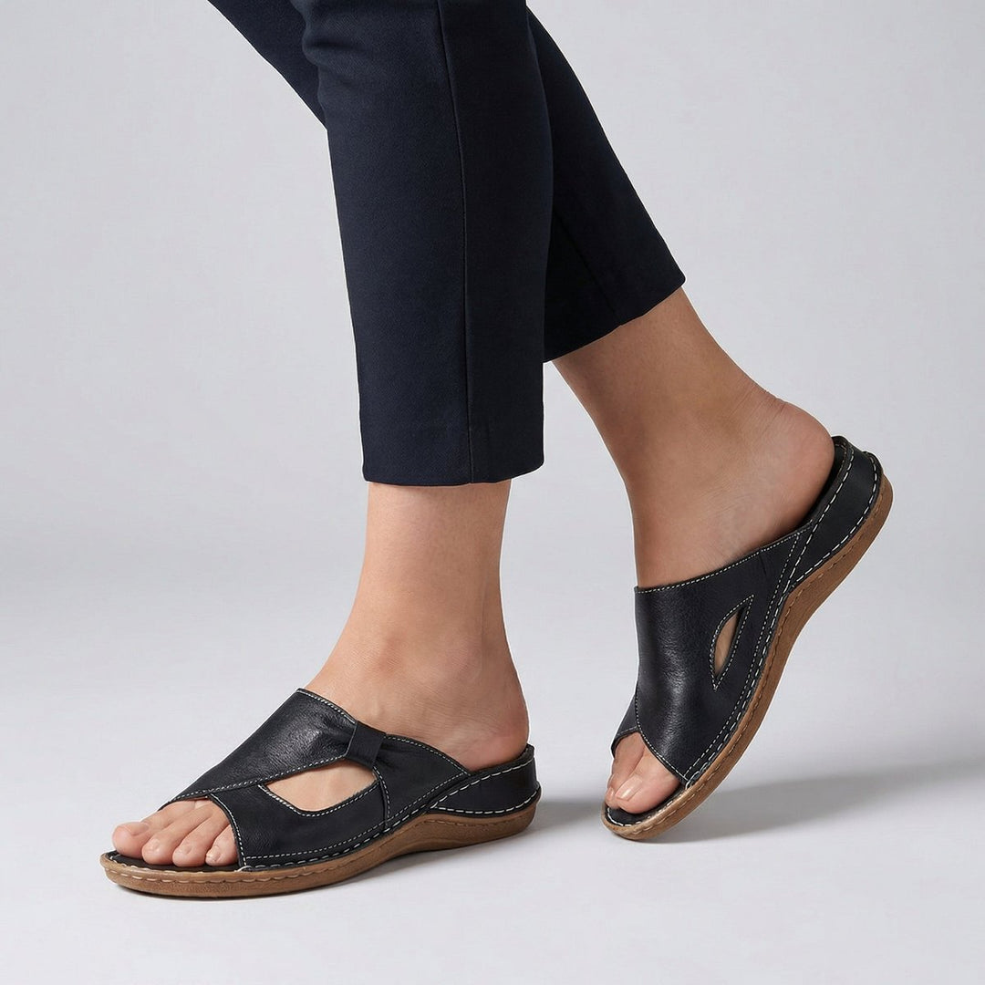 Women's Slip-On Cut-Out Flat Mule Comfortable Sandals - Black