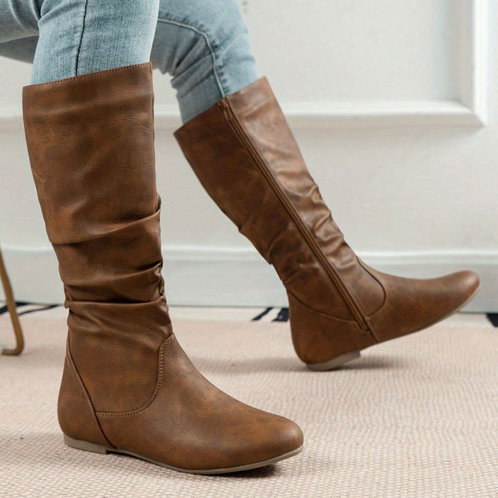 Women's Slouched Mid-Calf Boots Flat Zipper - Light Brown