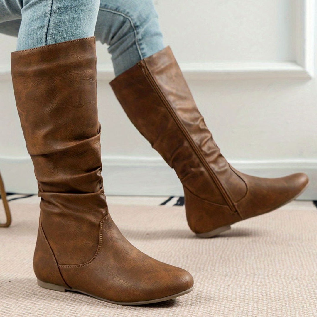 Women's Slouched Mid-Calf Boots Flat Zipper