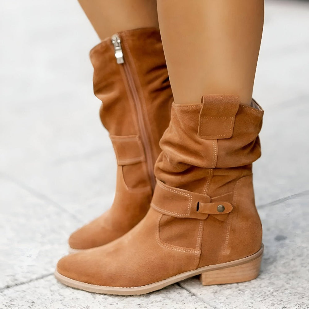 Women's Slouchy Faux Suede Mid-Calf Knee High Boots Low Block Heel
