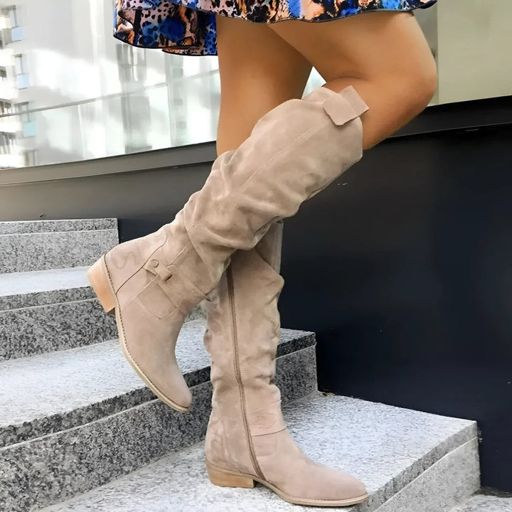 Women's Slouchy Suede Over-the-Knee High Boots Flat Heel - Beige