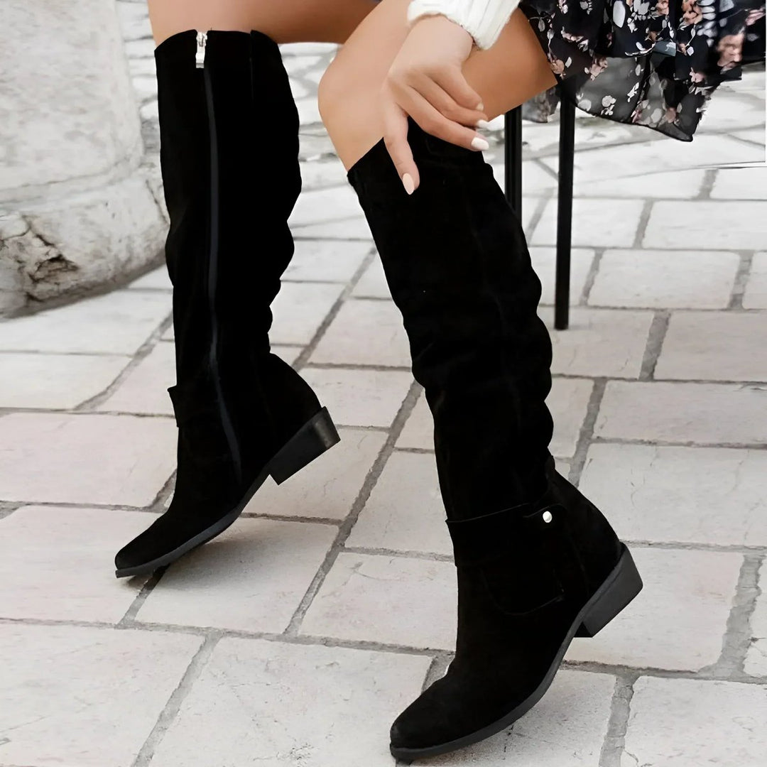 Women's Slouchy Suede Over-the-Knee High Boots Flat Heel - Black