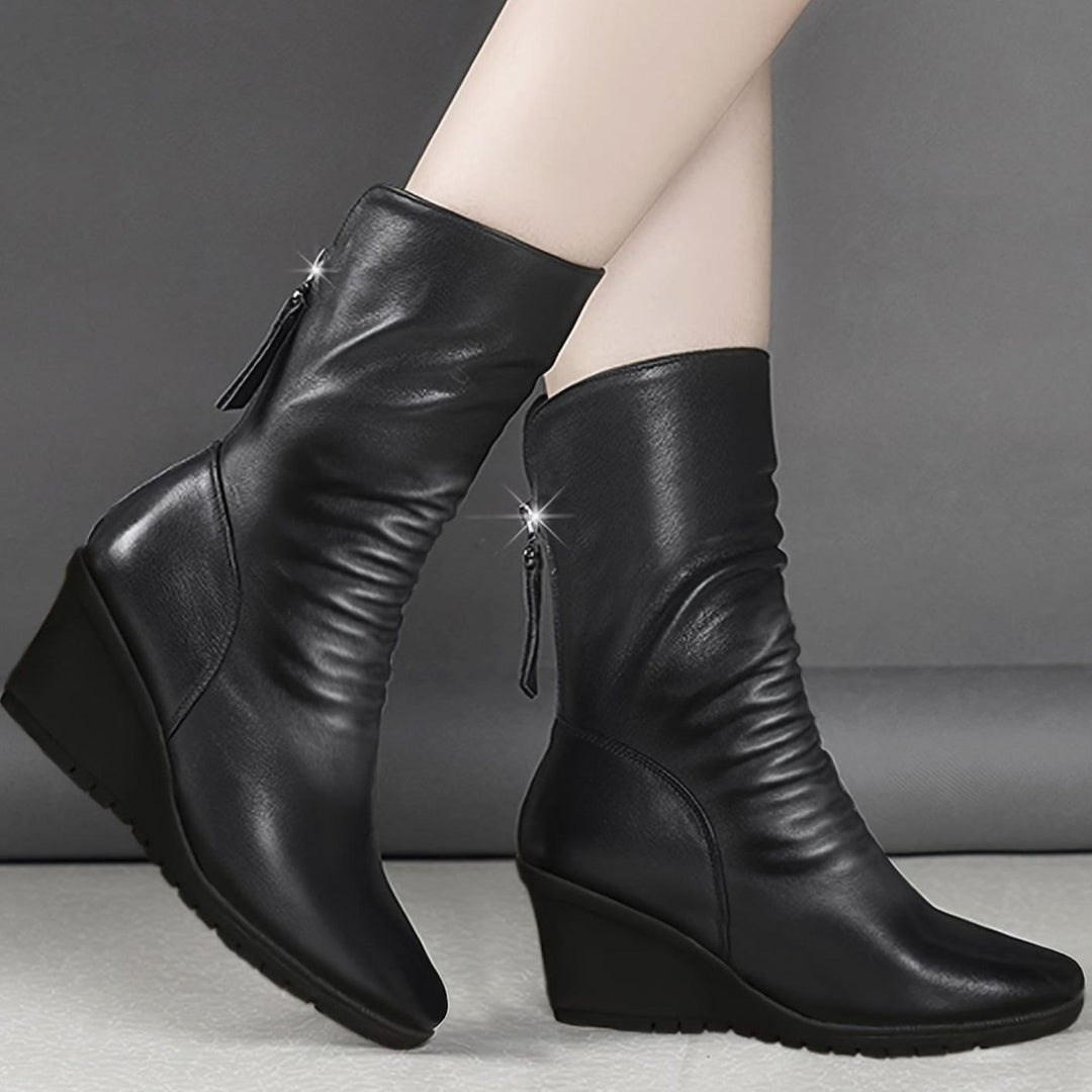 Women's Slouchy Wedge Mid-Calf Boots Side Zip - Black