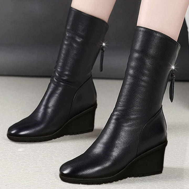 Women's Slouchy Wedge Mid-Calf Boots Side Zip