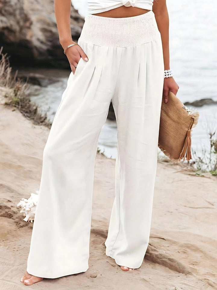Women's Smocked High-Waist Wide-Leg Linen Pants - White