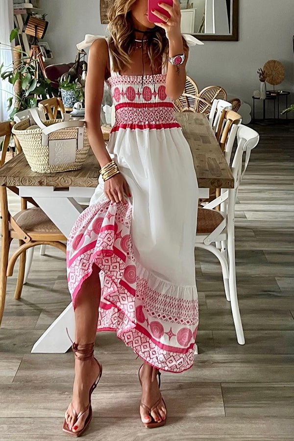 Women's Smocked Square-Neck Tie-Shoulder Boho Maxi Dress