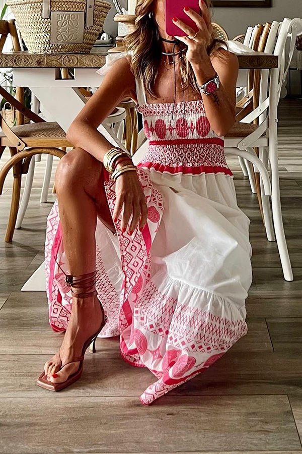 Women's Smocked Square-Neck Tie-Shoulder Boho Maxi Dress