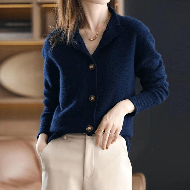 Women's Soft Cashmere Blend Mock-Neck Button-Front Knit Cardigan - Dark Blue