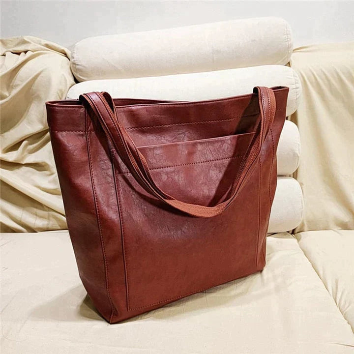 Women's Spacious Leather Shoulder Tote Bag - Rot