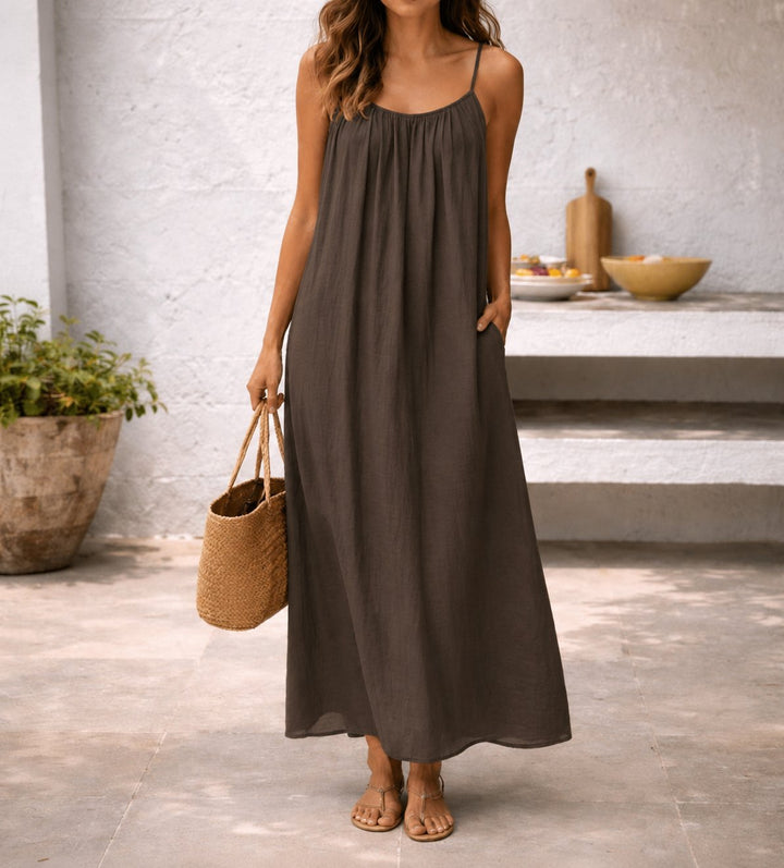 Women's Spaghetti Strap Flowy Linen Maxi Dress Pockets - Braun