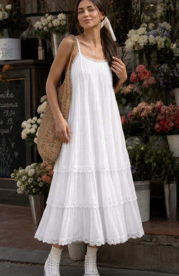 Women's Spaghetti Strap Tiered Lace Midi Dress - White