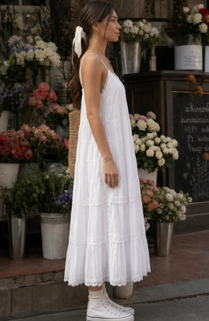 Women's Spaghetti Strap Tiered Lace Midi Dress