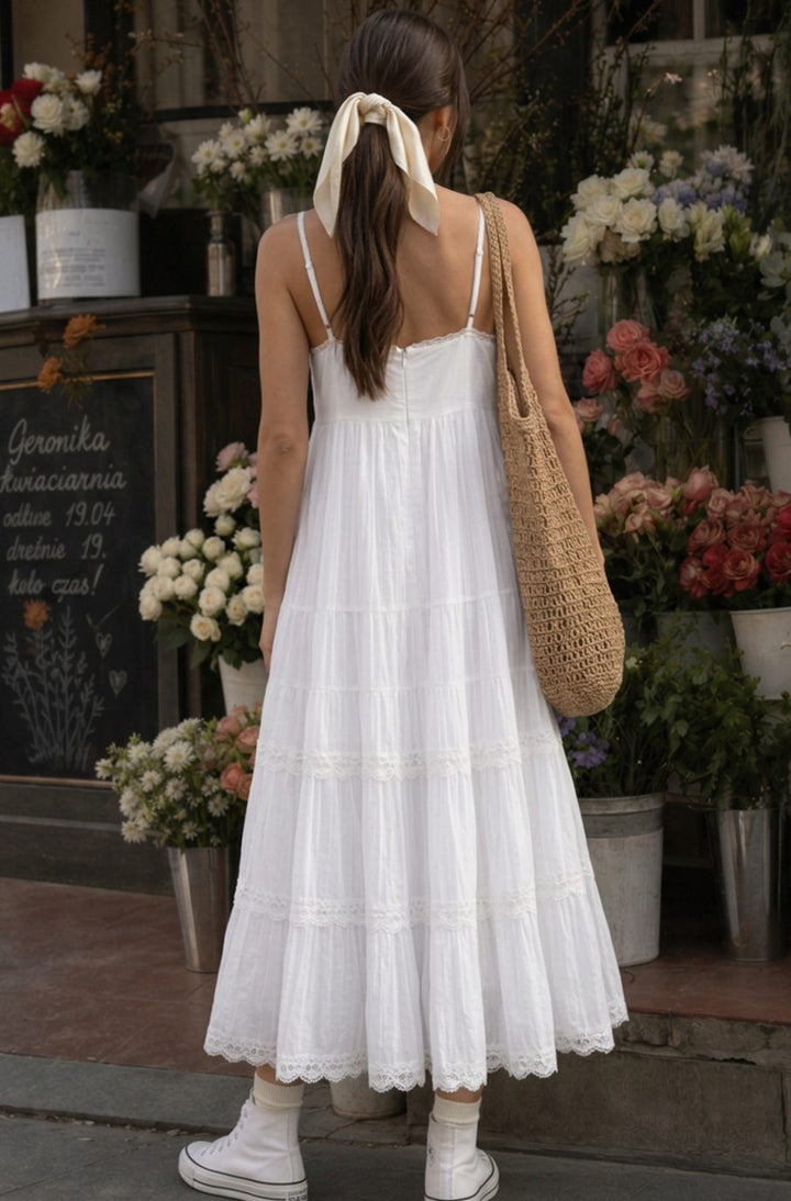 Women's Spaghetti Strap Tiered Lace Midi Dress