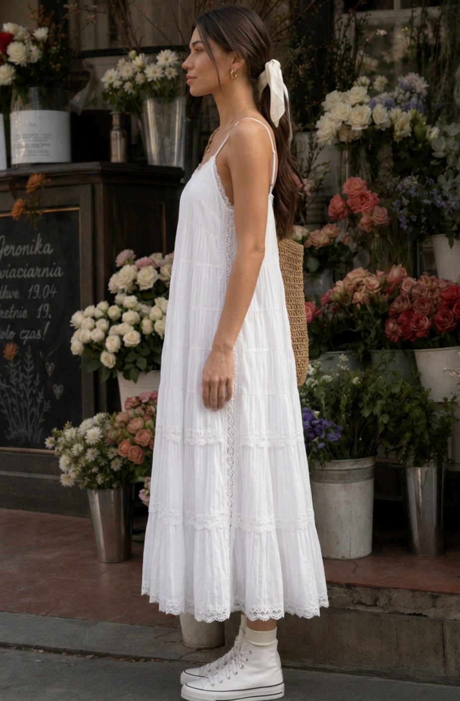 Women's Spaghetti Strap Tiered Lace Midi Dress