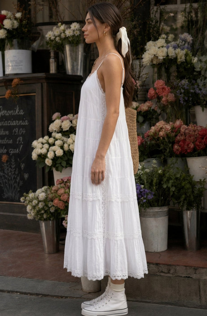 Women's Spaghetti Strap Tiered Lace Midi Dress