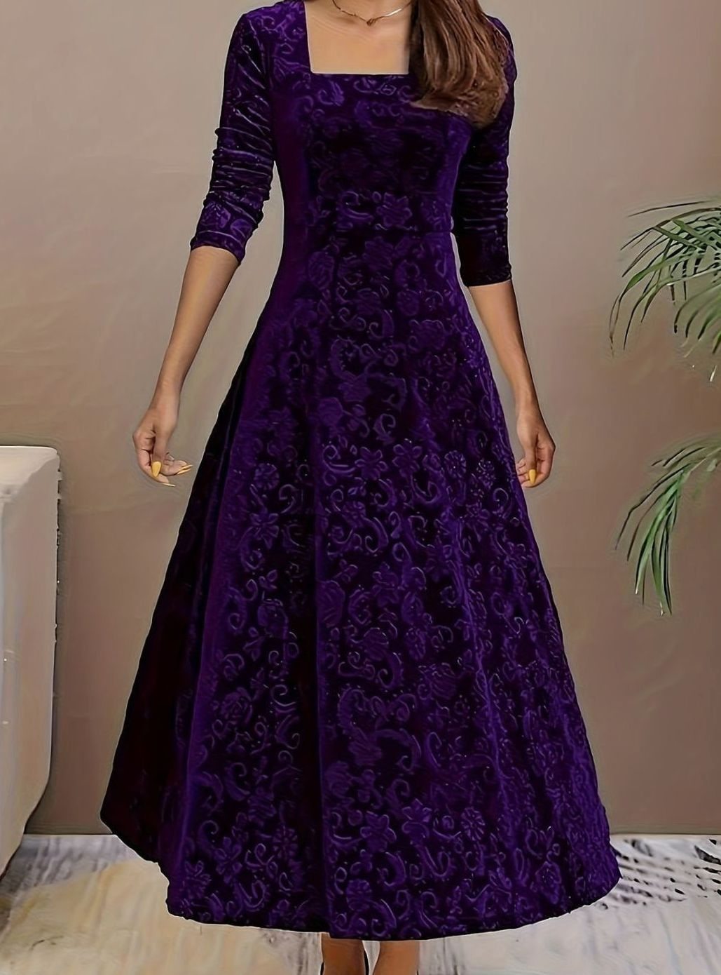 Women's Square Neck Velvet Floral Embossed A-Line Party Dress - Purple