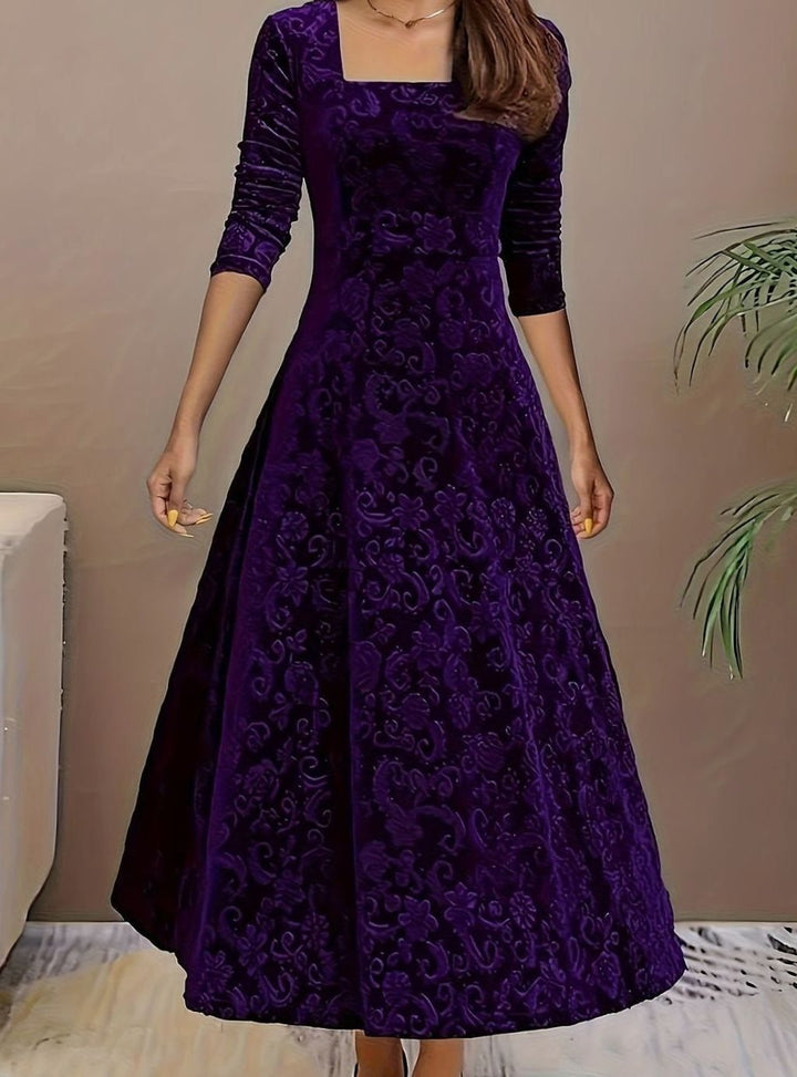 Women's Square Neck Velvet Floral Embossed A-Line Party Dress - Purple