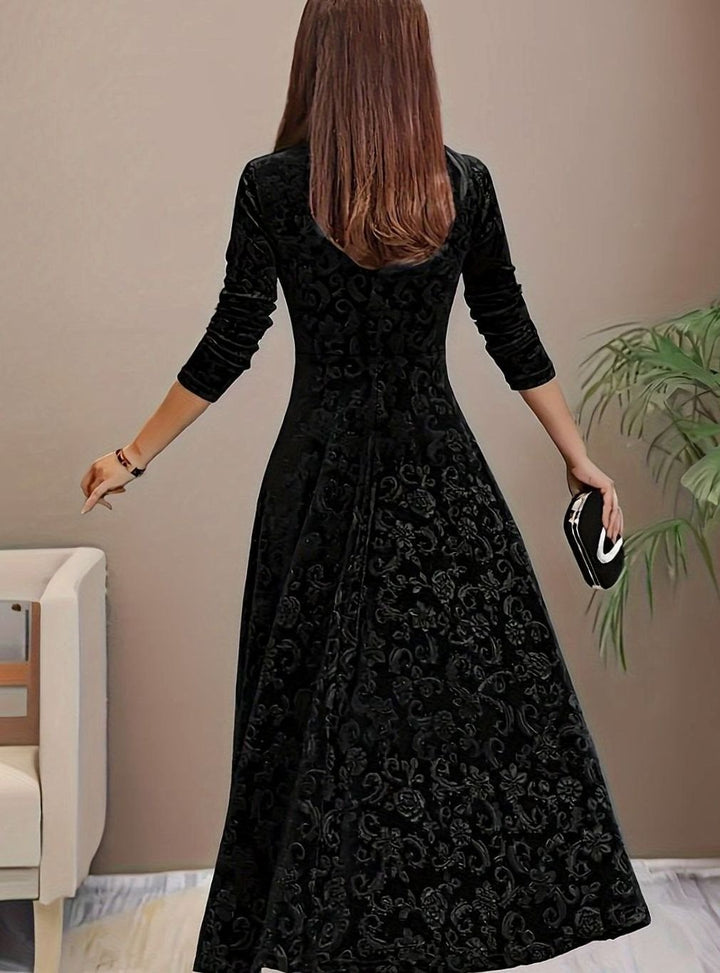 Women's Square Neck Velvet Floral Embossed A-Line Party Dress