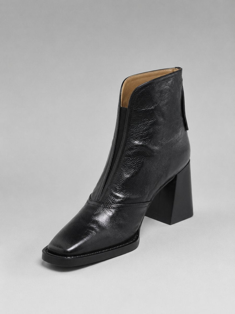 Women's Square-Toe Block Heel Leather Ankle Boots - Black