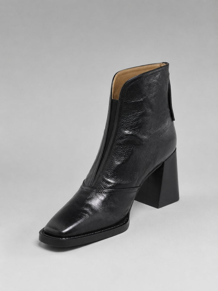Women's Square-Toe Block Heel Leather Ankle Boots - Black