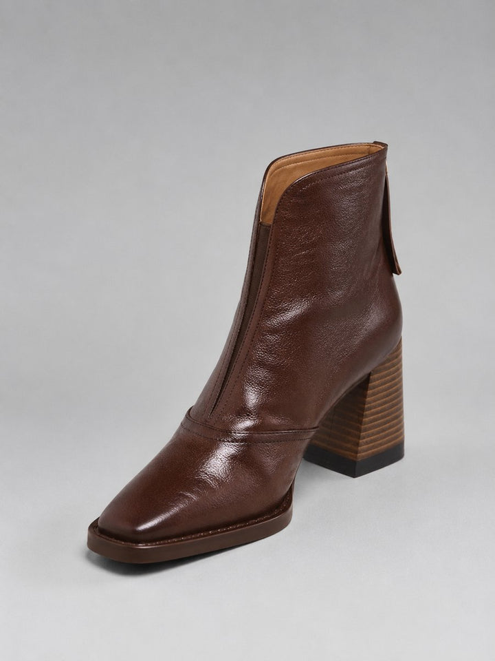 Women's Square-Toe Block Heel Leather Ankle Boots - Brown
