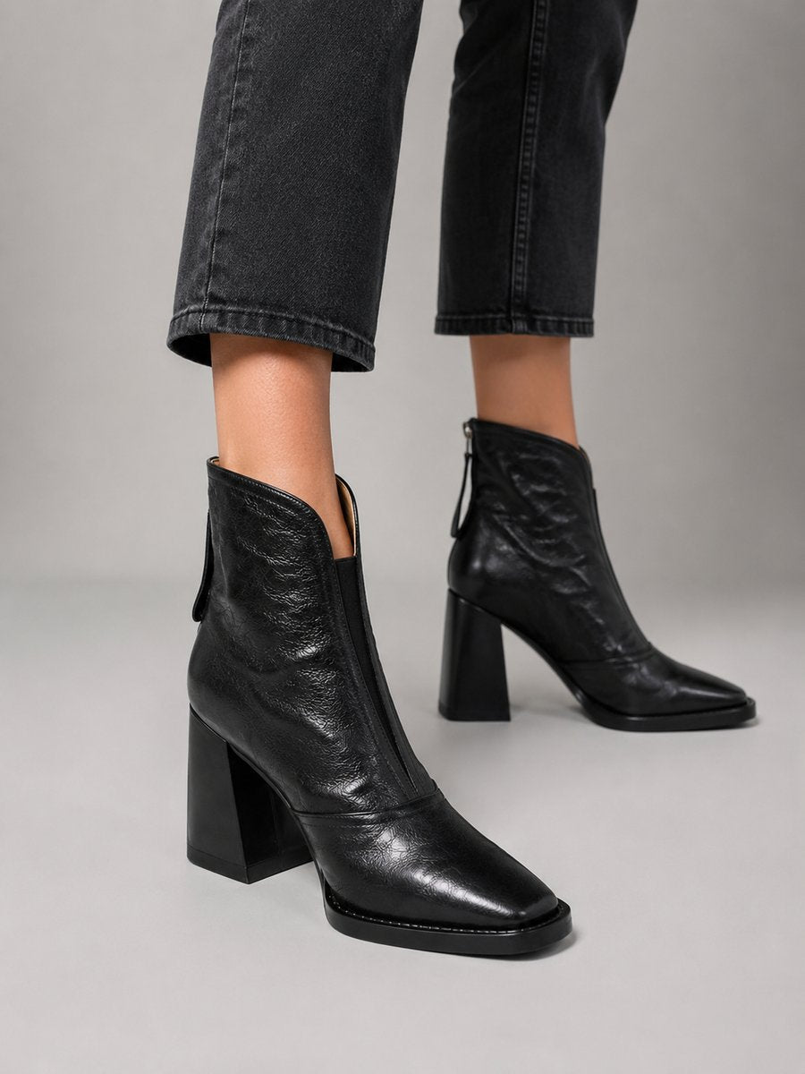 Women's Square-Toe Block Heel Leather Ankle Boots