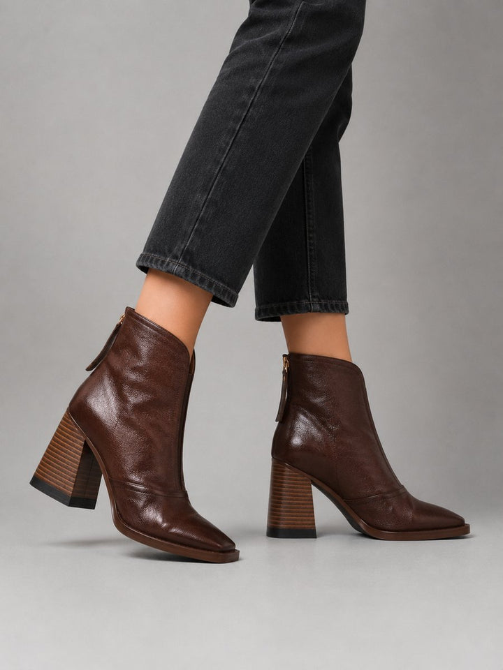 Women's Square-Toe Block Heel Leather Ankle Boots