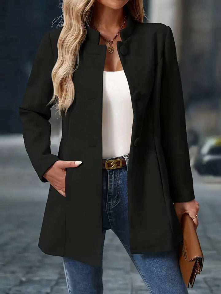 Women's Stand-Collar Open-Front Long Blazer Coat - Black