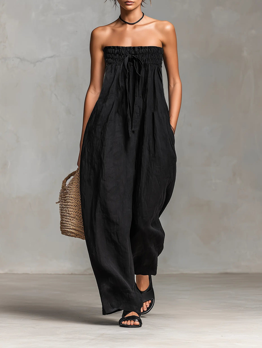 Women's Strapless Linen-Blend Wide-Leg Full-Length Jumpsuit - Black