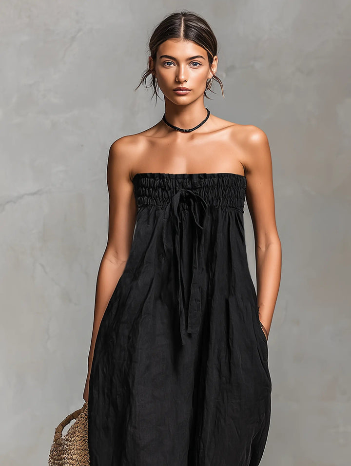 Women's Strapless Linen-Blend Wide-Leg Full-Length Jumpsuit