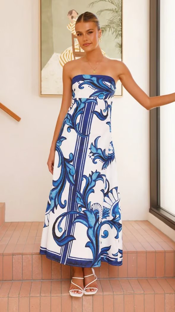 Women's Strapless Maxi Dress Vintage Blue Baroque Print - Blue