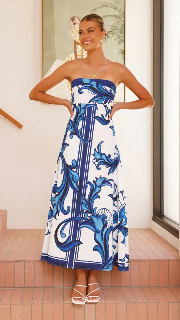 Women's Strapless Maxi Dress Vintage Blue Baroque Print