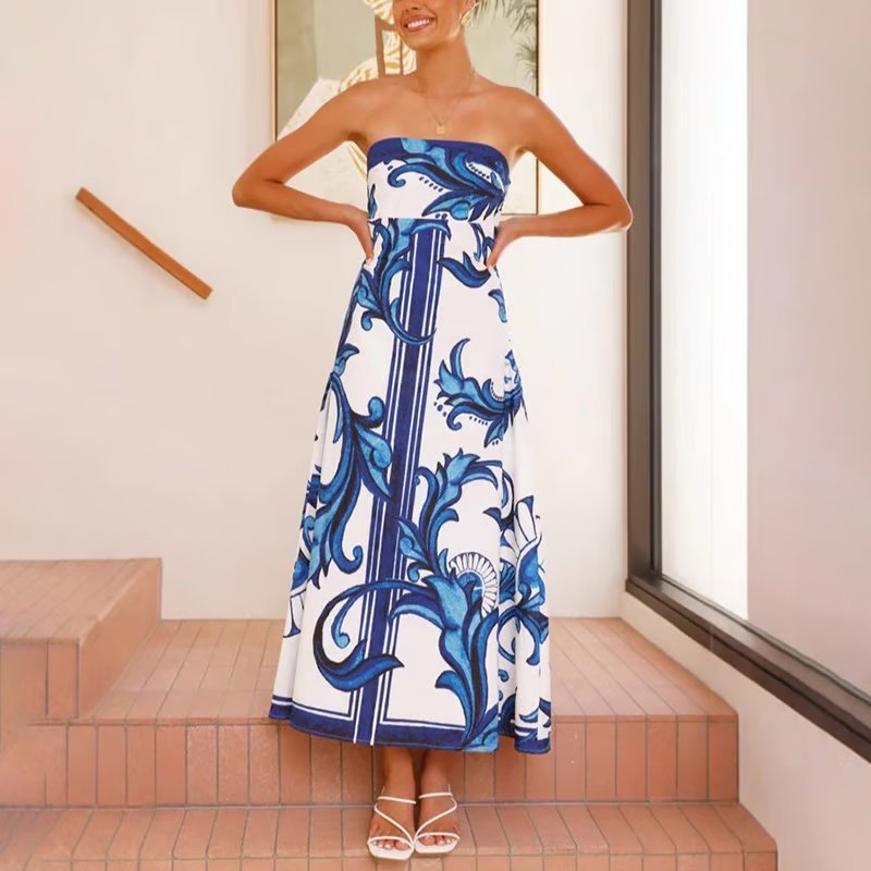 Women's Strapless Maxi Dress Vintage Blue Baroque Print