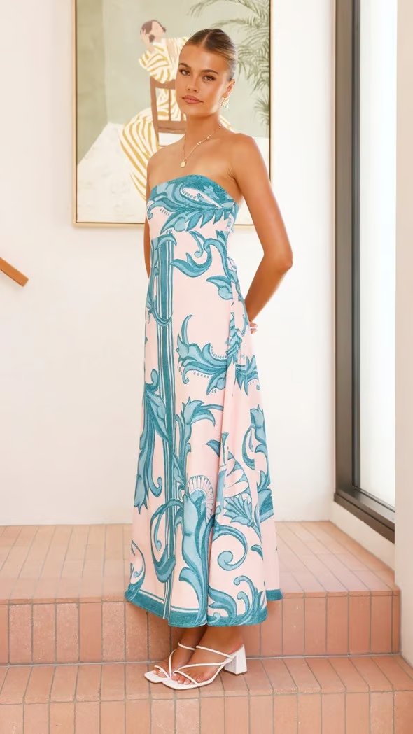 Women's Strapless Maxi Dress Vintage Blue Baroque Print
