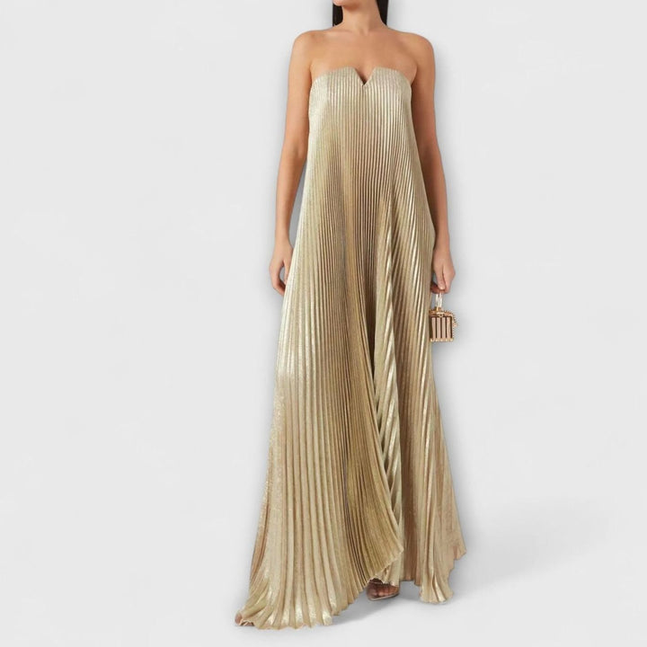 Women's Strapless Pleated Metallic Gold Sweetheart Maxi Dress - Gold