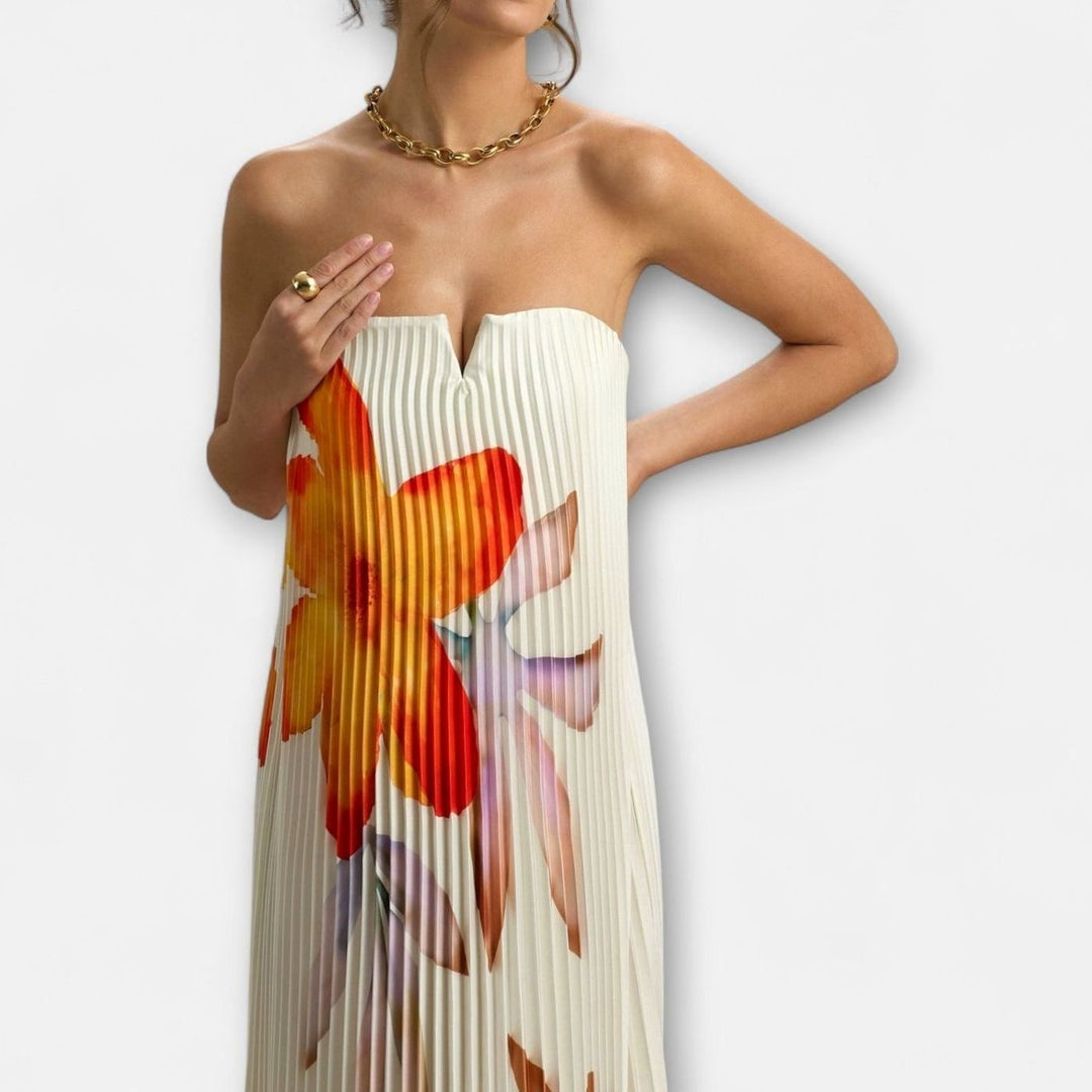 Women's Strapless Pleated Metallic Gold Sweetheart Maxi Dress