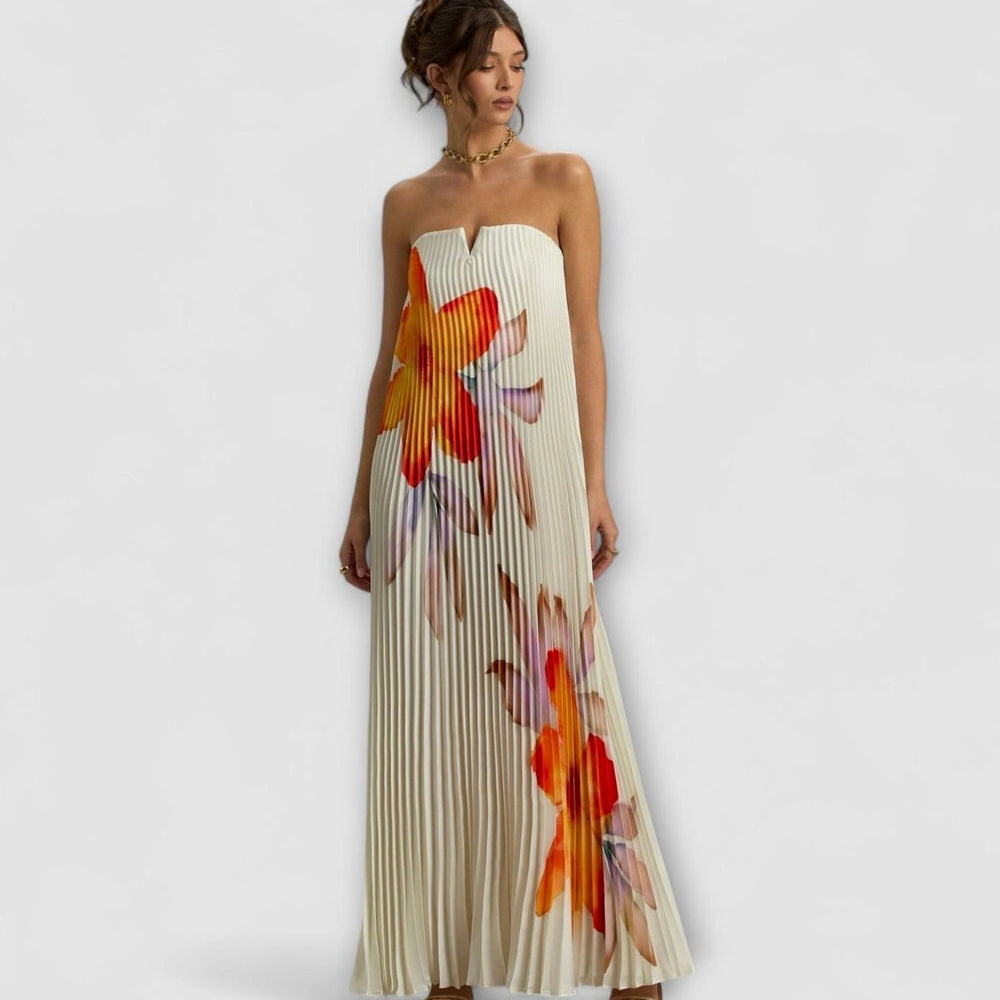 Women's Strapless Pleated Metallic Gold Sweetheart Maxi Dress - Orange Floral